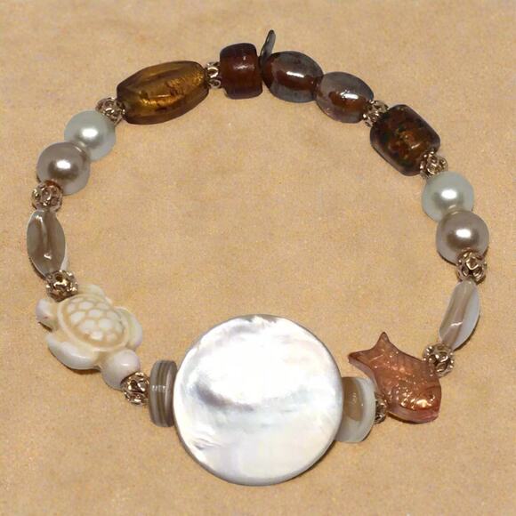 Natural Shell Stone Glass Coastal Chic Affirmation Eclectic Handmade Bracelets - Picture 3 of 6